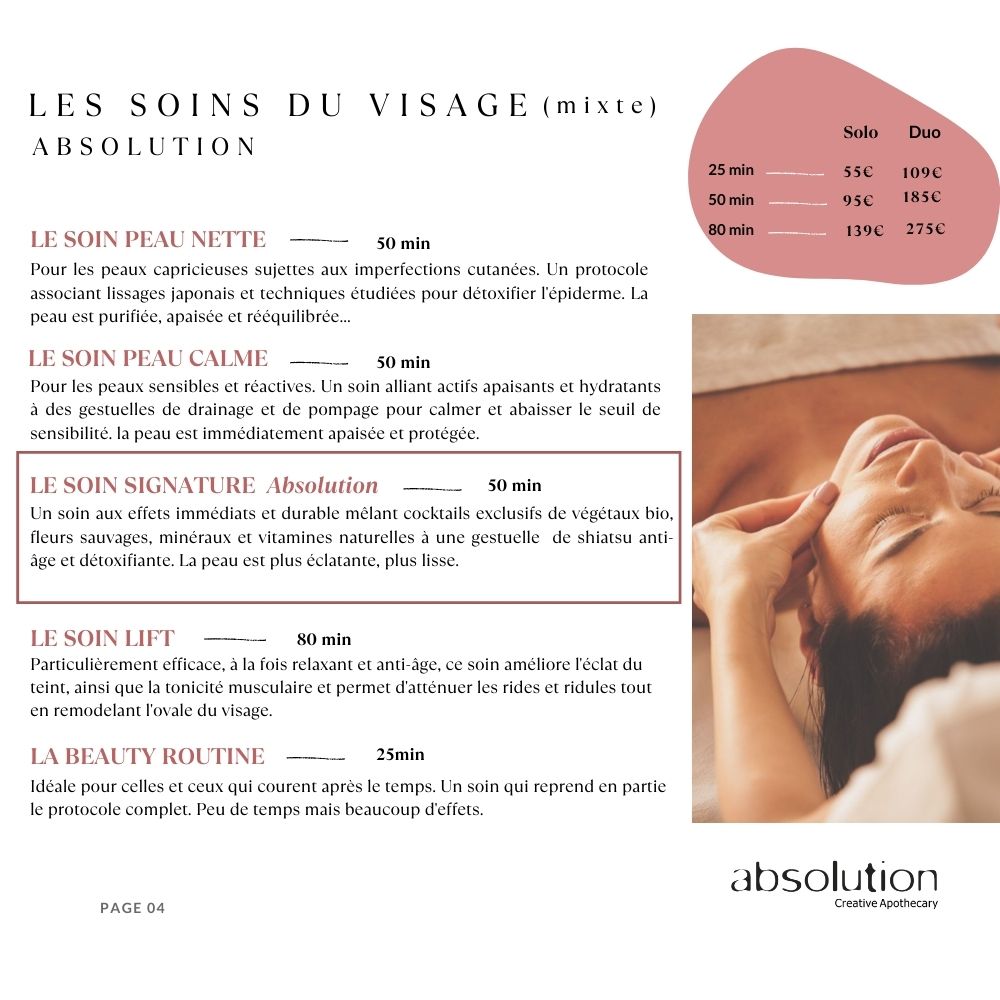Carte des soins visage Spa Les Roches Noires